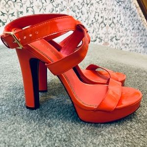RALPH LAUREN Faythe Patent Leather Orange Sandals Platform Heels